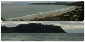 La plage d'Onetangi, une des 2 plus belles plages de sable blanc de l'ile. En-dessous, j'ai pu photographier des dauphins (on voit que l'aileron dépasser)
